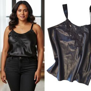 VTG 80s Silhouettes Black Satin Floral Applique Camisole Tank Top Plus 2X